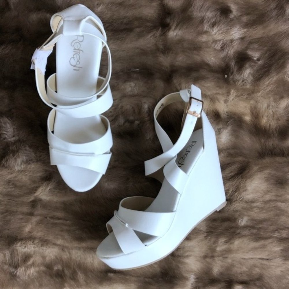 White faux patent leather strap ankle wedges heels